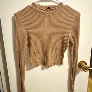 High-necked Tan Top with Lettuce Trim